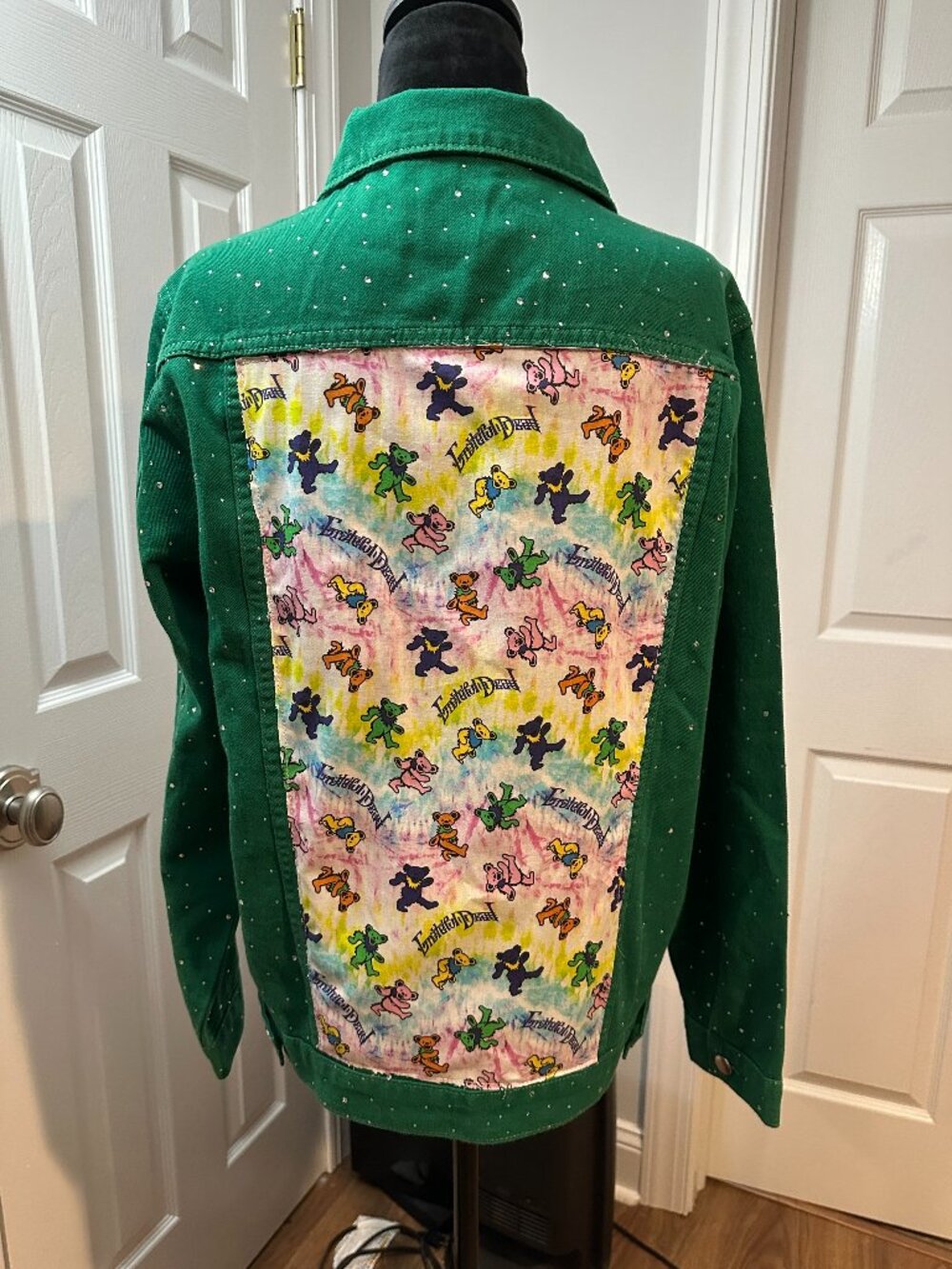 Green Rhinestone Denim Jean Jacket with Grateful Dead Dancing Bears (S)